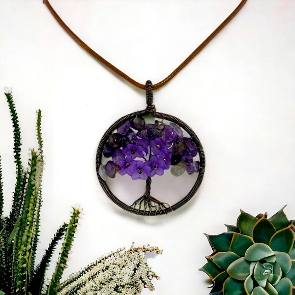 Handmade Jewelry - Amethyst Tree of Life Necklace Copper Wire Wrapped Brown Vegan Leather Cord